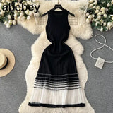 GETADME Fashion Patchwork Knitted Long Sundress Women Sleeveless Mesh Elastic Bodycon Dress 2025 Streetwear A Line Midi Dress