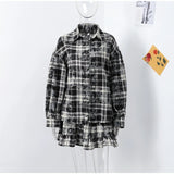 GETADME Plaid 2 Pieces Suits Women 2025 Spring Lapel Lantern Sleeves Single Breasted Shirt A-line Pleated Mini Skirt Female Vintage Sets
