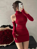 GETADME Summer Sexy High Neck Tight Dress Oversleeve Pleated Bottom Wrapped Hip Dress Women Bodycon