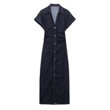 GETADME 라펠 플리츠 슬림 스플릿 여성 데님 드레스 배기 싱글 브레스트 진 롱 스커트 캐주얼 스커트 우아한 스트릿 웨어 컴포트 드레스