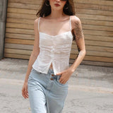 Getadme-hirigin Women Floral Hollow Crop Tops y2k Fairycore Grunge Spaghetti Strap Sleeveless Button Camisole Kawaii Tank Streetwear