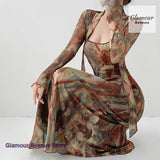 GETADME French-style fashion halo-dyed gauze printed ribbon dress women's spring and summer pleated waist slim lantern sleeve dress