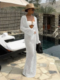 GETADME 2025 Summer Sexy U-neck Bell Sleeve Knit Maxi Dress Women Swimwear Feminine Bikinis Cover-ups Holiday Crochet Beach Dresses K21