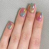 GETADME 24Pcs Rainbow Color Glow Cat Eye Press on False Nails with Glue Glitter Short Square Nails Sweet Cool Gradient Summer Fake Nails