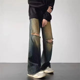 GETADME Mens Washed Denim Jeans American Vintage Loose Wide Leg Straight Micro Flare High Waist Floor Length Casual Trendy Long Pants