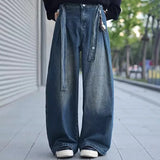 GETADME Korean Style Design Belt Jeans Men'S Casual Loose Retro Blue Straight Leg Pants High Street Wide Leg Pants