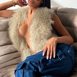 GETADME Sexy Temperament Fluffy Tops For Women High Street Y2K Nightclub Outfits Faux Fur Backless Lacing Solid 2025 Vest Waistcoat