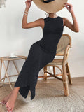 GETADME Fashionable and elegant hollow out dress with round neck and waist clip skirt, sleeveless slim fit woolen dress for women
