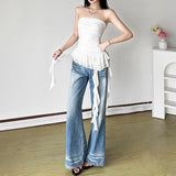 GETADME 2025 Summer Women's Fashion Off Shoulder Slim Fit Tassel Ruffle Strapless Solid Color All-match Tank Top Streetwear Sexy Vests