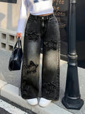 GETADME Girls Y2K Washed Fabric Five-Star Pattern Patchwork Denim Straight-Leg Pants Versatile Trendy All-Seasons.Full elastic waistband