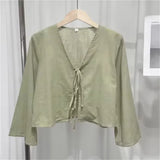 GETADME Casual Solid Lace Up Women Blouse Deep V-neck Long Sleeve Loose Female Shirt 2025 Spring Summer New Fashion Sweet Ladies Blouses