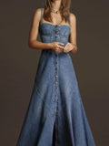 GETADME Elegant Denim Long Dress Women 2025 Summer New Casual Retro All-match Dresses Female Single Button A-line Split Hem Vestidos