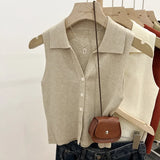 GETADME 여름 시크 아이스 실크 니트 폴로 라펠 씬 슬림핏 실루엣 탱크 아우터 베스트 여성용 숄더 베스트 노슬