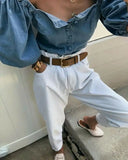 Vintage Women's Button Down Denim Shirts Casual Off Shoulder Half Lantern Sleeve Loose Pullover Top Street Wear Shirts