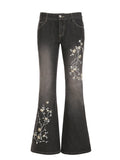 Jean GETADME Weekeep à broderie florale vintage années 2000, taille basse, évasé, style rétro Y2K, pantalon en denim baggy, basique de la mode urbaine.