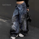GETADME Blue Womens Jeans High Waist Vintage Design Hip Hop Straight Baggy Denim Pants Street Y2K American Style Wide Leg Denim Trouser