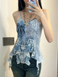 Getadme Retro Tank Tops Women Sleeveless Blue Print Tank Y2k Vintage Camis 2000s Japanese E Girls Tee Irregual Tank Tops Summer
