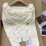 GETADME New Year's Pink Three-dimensional Flower Long-sleeved Slim Top French One-line Base Short Sweater