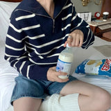 GETADME 한국 패션 니트 스트라이프 여성 스웨터 가을 겨울 하프 지퍼 루즈 세일러 칼라 풀오버 탑 캐주얼 다용도 의류 