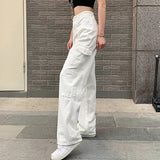 Vintage Women Fashion White Blue High Waist Casual Jeans Loose Omighty Wide Leg Pocket Cargo Pants Solid Overalls Trouser