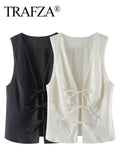 TRAFZA Women Fashion Lace Up Vest V Neck Sleeveless Top Y2k Vintage Solid 2024 Female Summer Sexy Party Tank Tops
