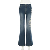 GETADME Flare Pants Jeans Women Embroidery Boot Cut Low Waist Washed Distressed Pockets Floor Length Streetwear 2025 Denim Trousers