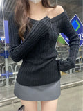 GETADME Casual Off shoulder Rib Knit Sweater Pull Women Long sleeve Top Basic Tees White Slim Pullovers Lady Sexy One Shoulder New