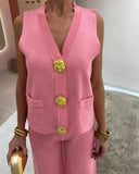 GETADME Vest Set Gold Botton OL Style 2025 New V Neck Set 2 Pieces Sweater Set For Summer Baggy Wide Leg Long Pants