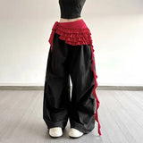 GETADME Embroidered Flower Lace Mini Skirt Irregular See Through Ruched Skirts Lace-up Design High Waist Pleated Skirts