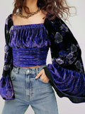 GETADME Temperament Blouse Women Square Collar Ruffles Flare Sleeve Slim Shirts Blusas Mujer De Moda Vintage Velvet Chic Blouses Tops