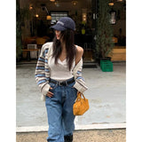 GETADME Harajuku Striped Knitted Cardigan Women Vintage Long Sleeve Sweater Outerwears Korean Patchwork Knitwears Winter Loose Jumpers