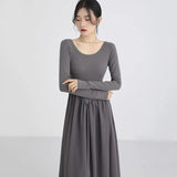 GETADME Korean Slim Waist Long Dresses for Women French Style Patchwork Long Sleeve Dress Woman Elegant Simple O-Neck A-Line Midi Dress