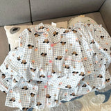 GETADME Casual Autumn New Simple Soft Women's Long Sleeve Pajamas Set Plaid Korean Style Solid 2 Suit Set Sleepwear Fashion Loungewear