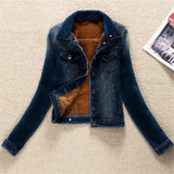 GETADME 2025 Autumn Winter Fleece Denim Jacket Women Big Fur Collar Short Coat Thicken Velvet Liner Warm Tops Lady Jean Coat Outerwear