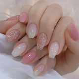 GETADME 24Pcs Short Square Coffin False Nails Square Fake Nails with Glue French Glitter Wearable Acrylic Nails Set Press on Nail Tips