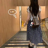 GETADME Vintage Plaid Mini Skirt Women Harajuku Aesthetic Patchwork Knee Length Skirts Summer Korean High Waist A Line Faldas New