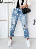 GETADME New Autumn Boyfriend Jeans Woman Slim Hole Jeans For Ladies With Five-Pointed Star Ripped Jeans Street Casual Blue Denim Pants