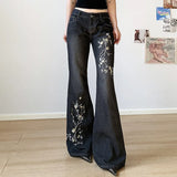 GETADME Weekeep Floral Embroidery Jeans Vintage 2000s Low Rise Flared Jeans Women Retro y2k Baggy Denim Pants High Street Basic Trousers