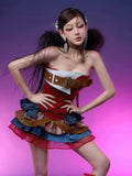 Getadme  Preppy Style Vintage Red Denim Bustier Tops + Sweet Spicy Pure Design Mini Cake Skirt Women 2 Piece Sets Summer 2025 Korea Style