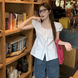 GETADME Short Sleeve White Camisas Korean Bandage Chemises Femme Tops Slim Waist Elegant Chic Shirts Women Y2k Lace-up Bow
