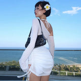 GETADME Sexy Solid Skew Collar Ruched Straps Lace-Up See Through Draw String Long Sleeve Mini Dress 2025 Summer Women Party Clubwear