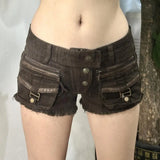 GETADME American Spice Girl Multi-Pocket Denim Shorts Women's New Low Waist Hips A-Word Y2k Hot Pants