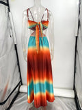GETADME Sexy Gradient Hollow Out Maxi Dress Women Backless Sleeveless Sling Long Dresses 2025 Summer Vacation Boho Beach Satin Robes