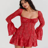 GETADME 2025 Spring Summer Women's Dress Slim-fit Lace Flared Long-sleeved Lace A-line Dress For Women Low Cut Square Collar Sexy Dress
