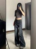 GETADME Korean Vintage High Waist Women's Jeans Y2K Slimming Pear-Shaped Loose Straight Bell Bottoms Black Gray Baggy Denim Trousers