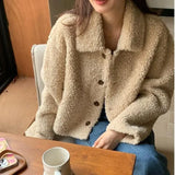 GETADME 한국 스타일 짧은 양털 벨벳 재킷 스탠드 칼라 싱글 버튼 루즈 다용도 탑 여성 가을 ​​겨울 신상품