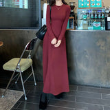 GETADME Korean Fashion Autumn Winner New Dresses Women Solid O-Neck Corset Temperament All-match A-line Slim Loog Sleeve Long Dresses