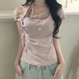 GETADME Sweet Polka Dot Prints T-Shirts Fashion Women Cute Design One-Shoulder Summer Tops Casual Korean Office Lady Commute Slim Tees