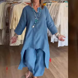 여성 코튼 리넨 2피스 세트 여성복 봄 여름 느슨한 솔리드 와이드 레그 팬츠 반팔 상의 빈티지 스트리트웨어