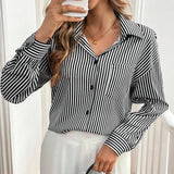 GETADME Classic Striped Turn-down Collar Buttons Long Sleeve Back Hollow Out Bow Baggy Blouses Shirts Pockets Office Lady Elegant Top